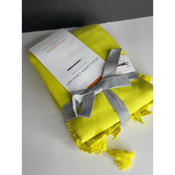 Anthropologie Lime Yellow Scalloped Crochet Pair King Shams Linen Cotton - Picture 4 of 6